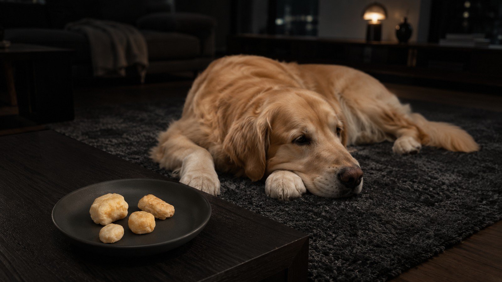 A relaxed golden retriever resting on a charcoal rug in a dim living room, a small dark dish of puffed cheese treats on the table nearby.