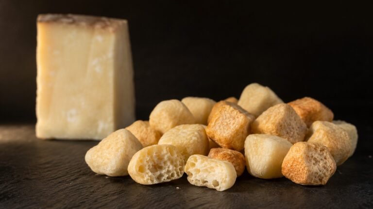A pale block of traditional Himalayan cheese behind a scattering of light puffed cheese treats on dark slate, one treat broken open to show an airy interior.