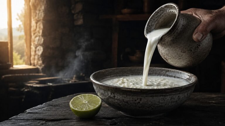 Fresh milk poured from a rustic ceramic jug held by a hand into a stoneware bowl where curds form, a halved lime beside it in a warm mountain kitchen.