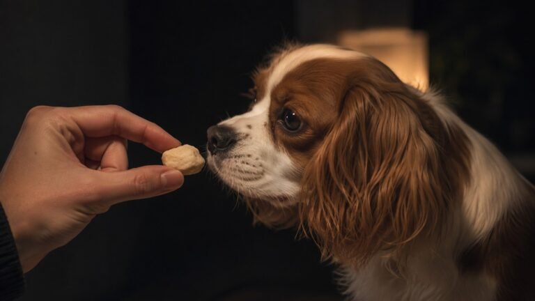 A small brown and white spaniel cautiously sniffing a light puffed cheese treat offered between a person’s fingers in a warm, dark living room.