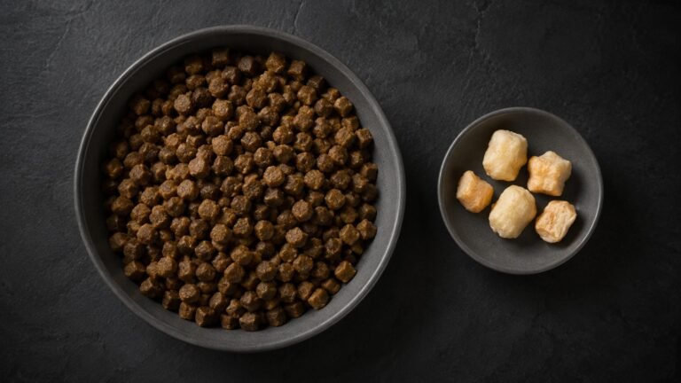Overhead view of a large bowl of brown kibble beside a much smaller dish holding five puffed cheese treats of varied sizes on dark slate.