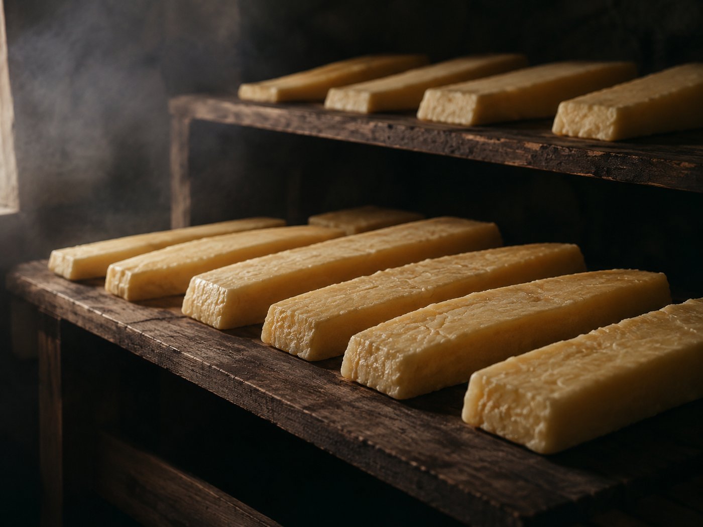Pale blocks of Himalayan cheese curing on traditional dark wooden racks in a smoky room.