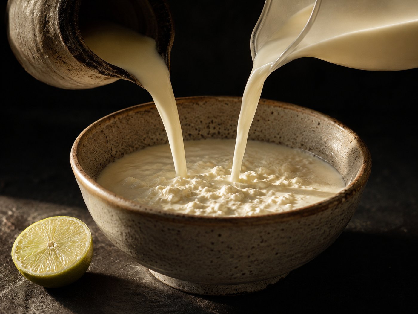 Fresh milk poured into a stoneware bowl where curds begin to form, with a halved lime beside it.