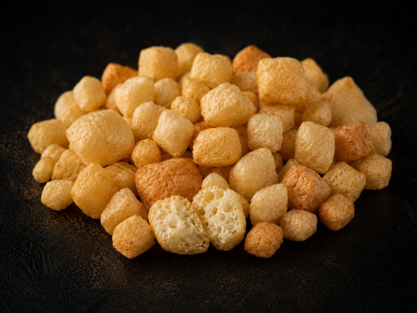 A pile of light, airy puffed cheese treats, cream to golden, one broken open to show the crisp interior.