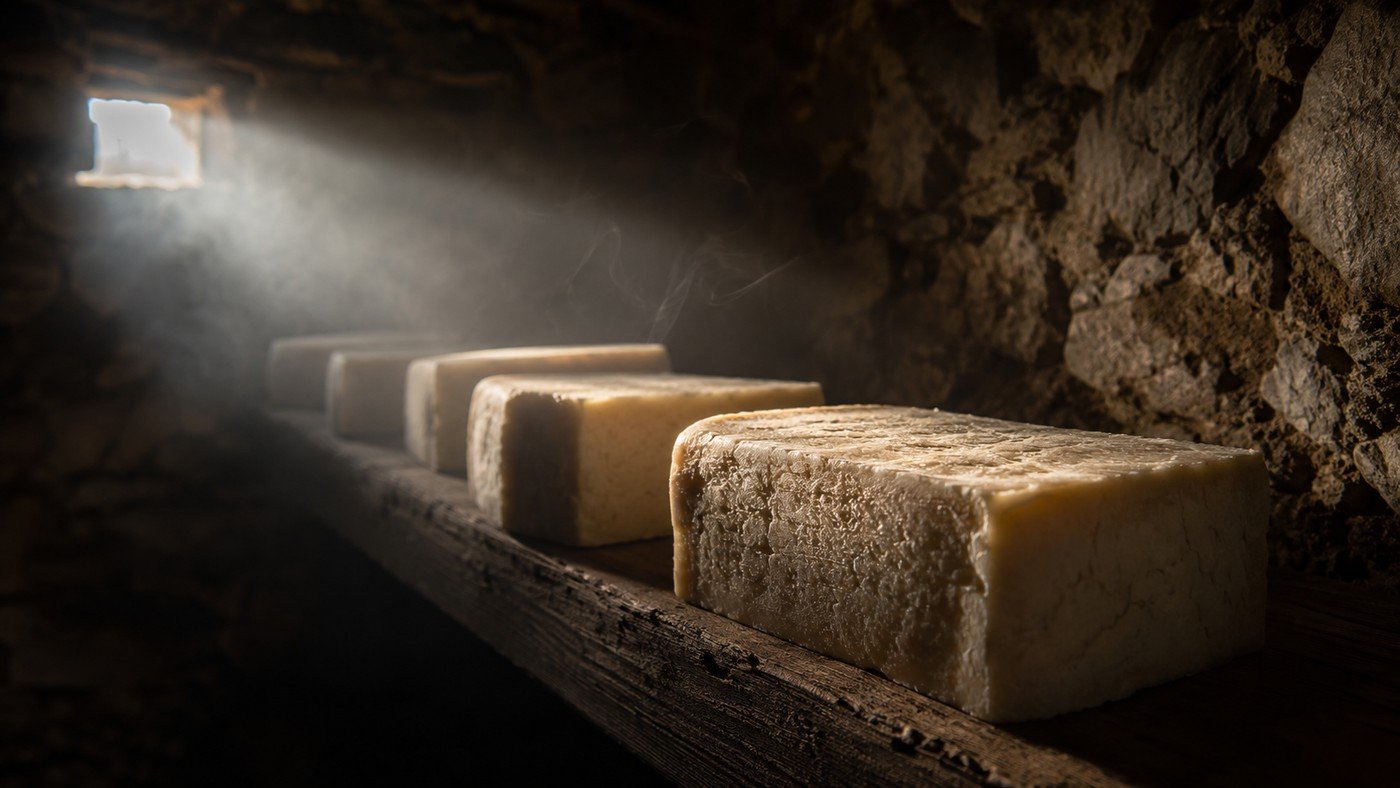 Pale ivory blocks of cheese curing on a dark wooden shelf in a dim stone room, a shaft of window light catching drifting smoke.