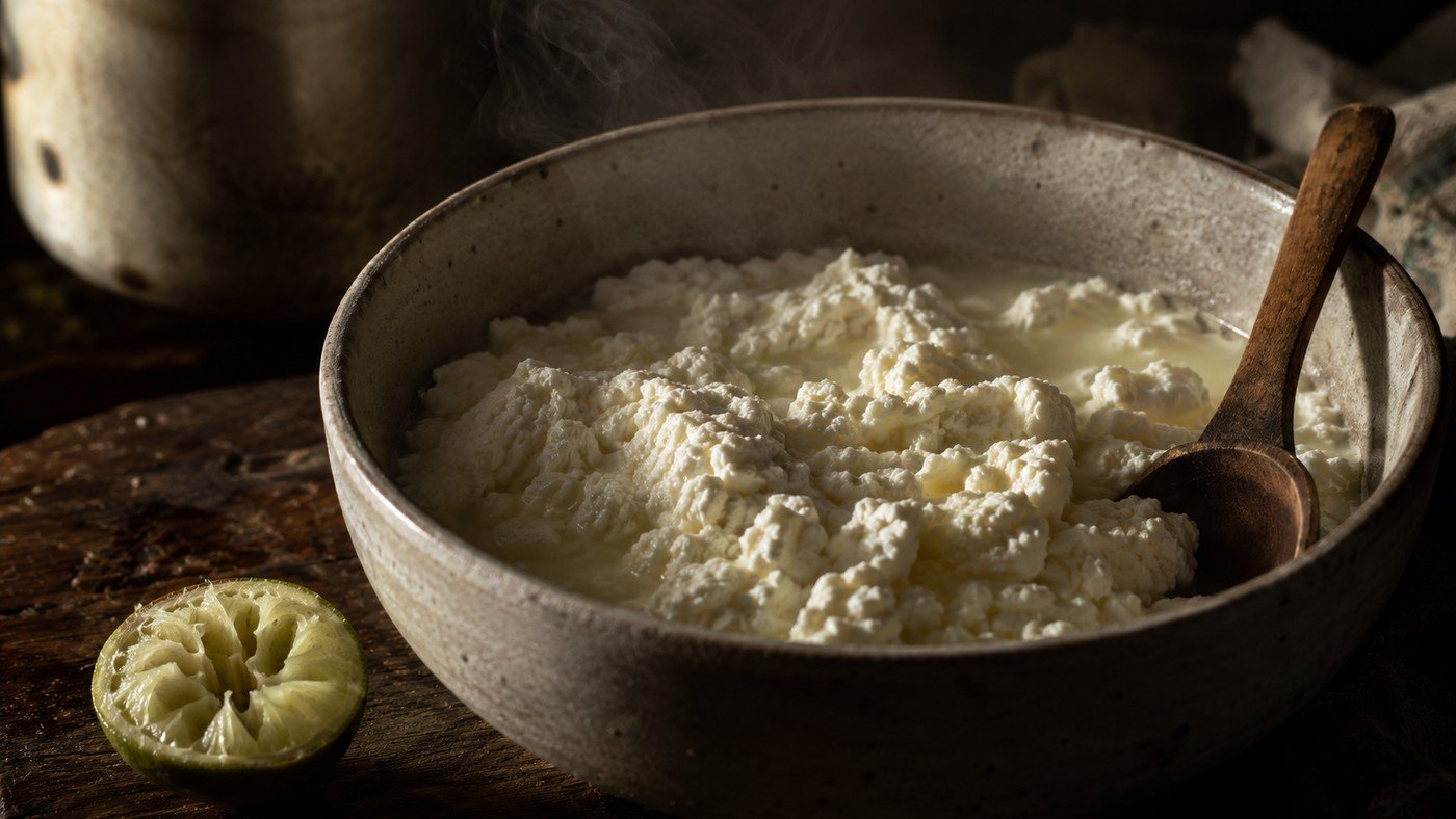 Soft white curds forming in a wide stoneware bowl with whey pooling, a wooden spoon resting against the rim and a squeezed lime half beside it.