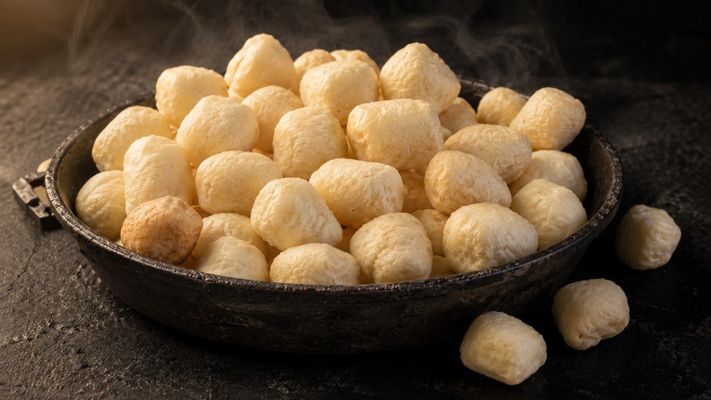 A rustic dark pan piled with freshly puffed cream-colored cheese treats of varied rounded shapes, faint steam rising.