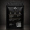pawverest-crunch-package-back-1200 Back view of the black Pawverest Crunch premium dog treat pouch showing product information and feeding details.