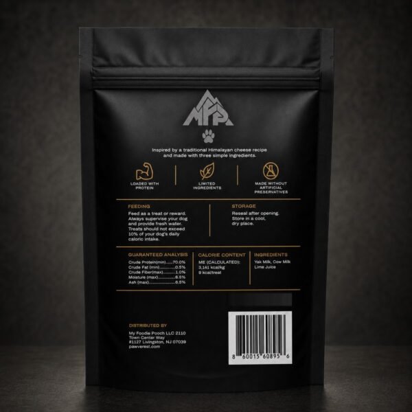 pawverest-crunch-package-back-1200 Back view of the black Pawverest Crunch premium dog treat pouch showing product information and feeding details.