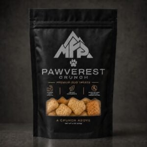 Front view of the black Pawverest Crunch premium dog treat pouch with puffed treats visible through the package window.