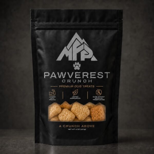 pawverest-crunch-package-front-1200 Front view of the black Pawverest Crunch premium dog treat pouch with puffed treats visible through the package window.