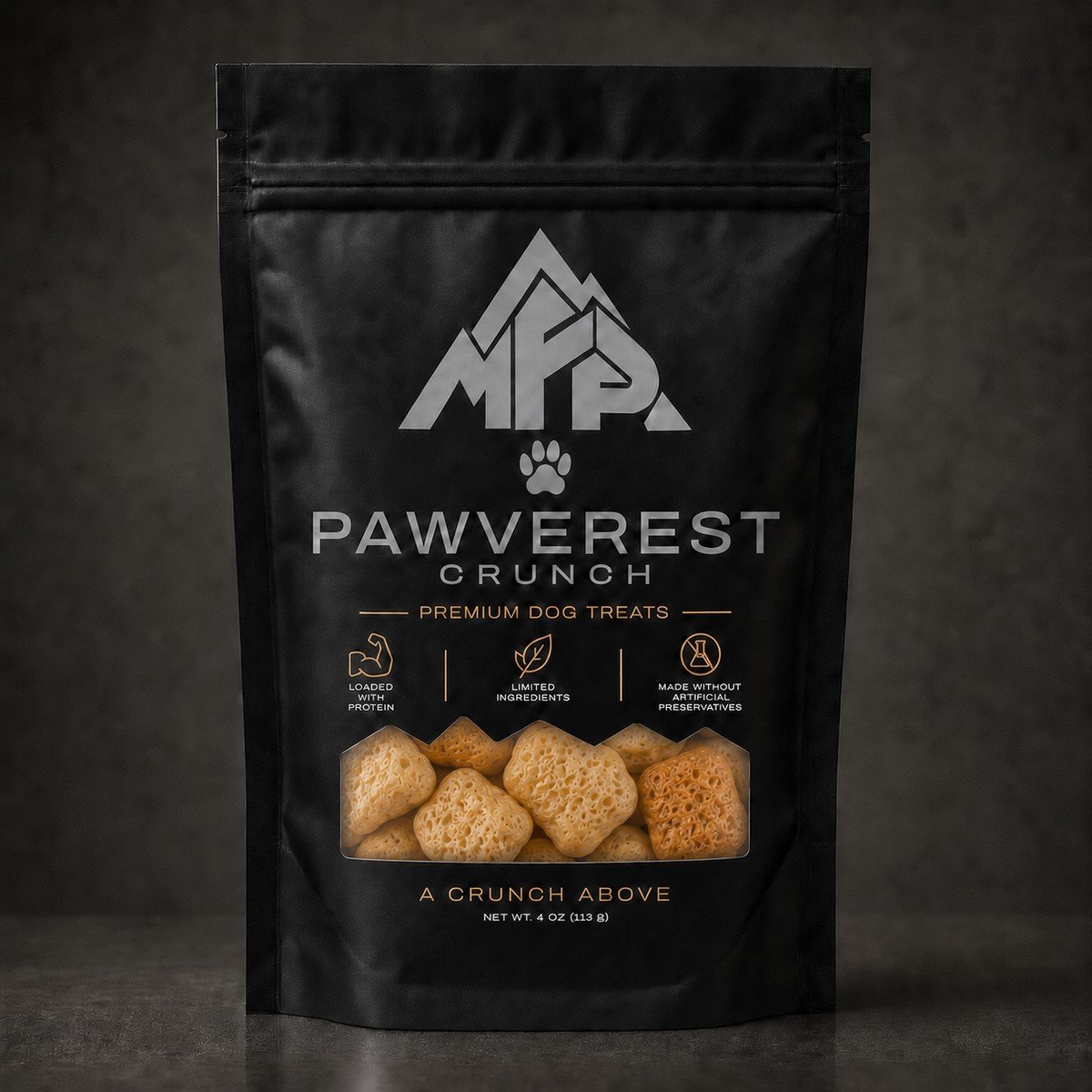 Front view of the black Pawverest Crunch premium dog treat pouch with puffed treats visible through the package window.