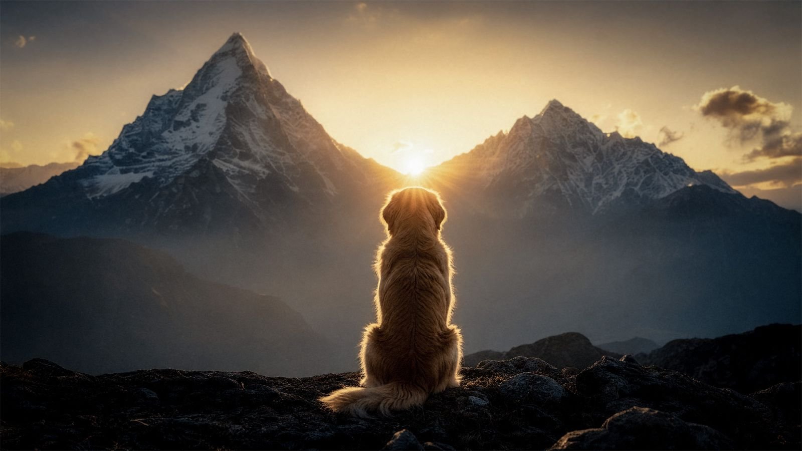 A golden retriever sits on a rocky ridge at sunrise, facing snow-capped Himalayan peaks.