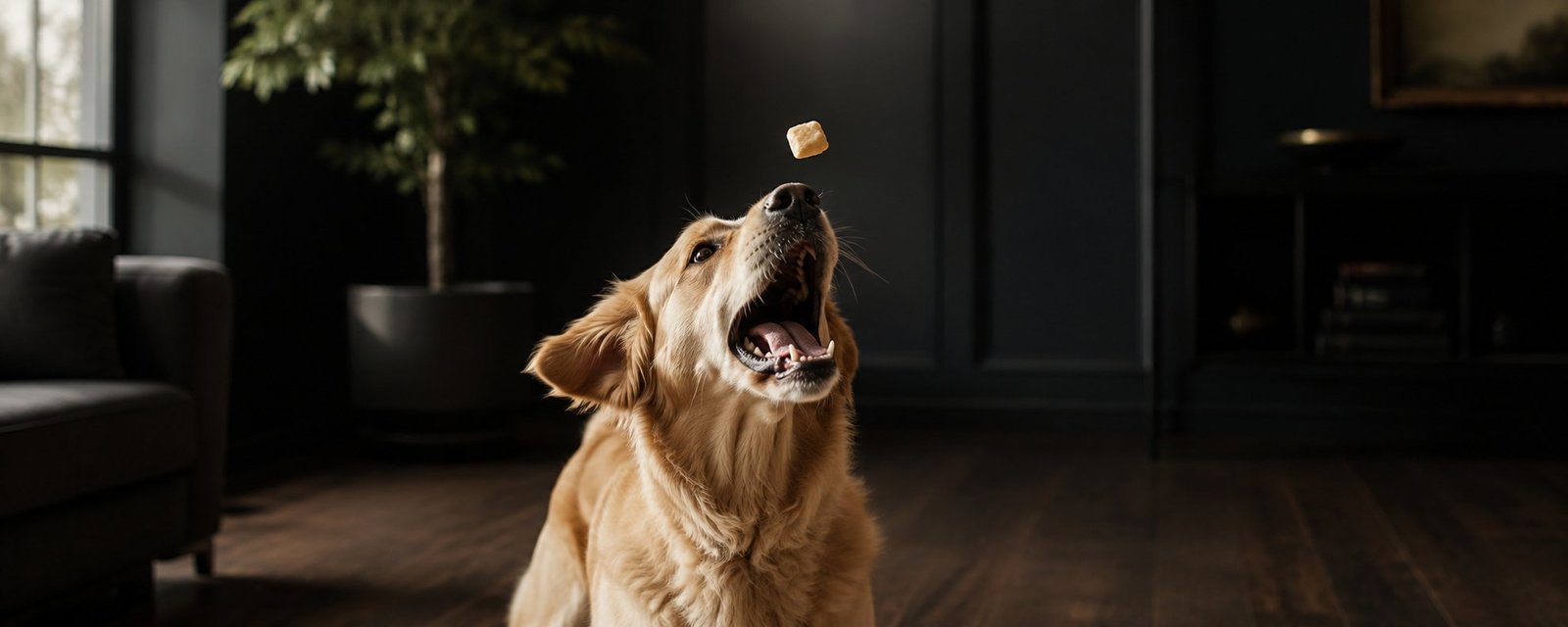 A golden retriever catching a puffed Pawverest Crunch treat in mid-air in a warm, dark living room.