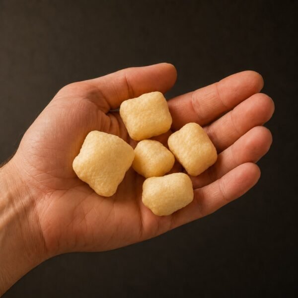 pawverest-product-scale-hand-1200 An open hand holding five puffed Pawverest Crunch cheese treats of different sizes, showing their real size against the palm.