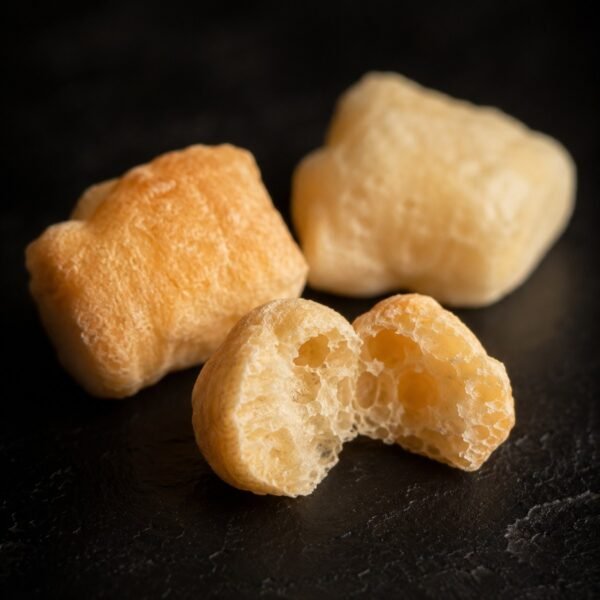 pawverest-product-texture-macro-1200 Close-up of puffed Pawverest Crunch cheese treats on dark slate, one broken in half to show the crisp, airy honeycomb interior.