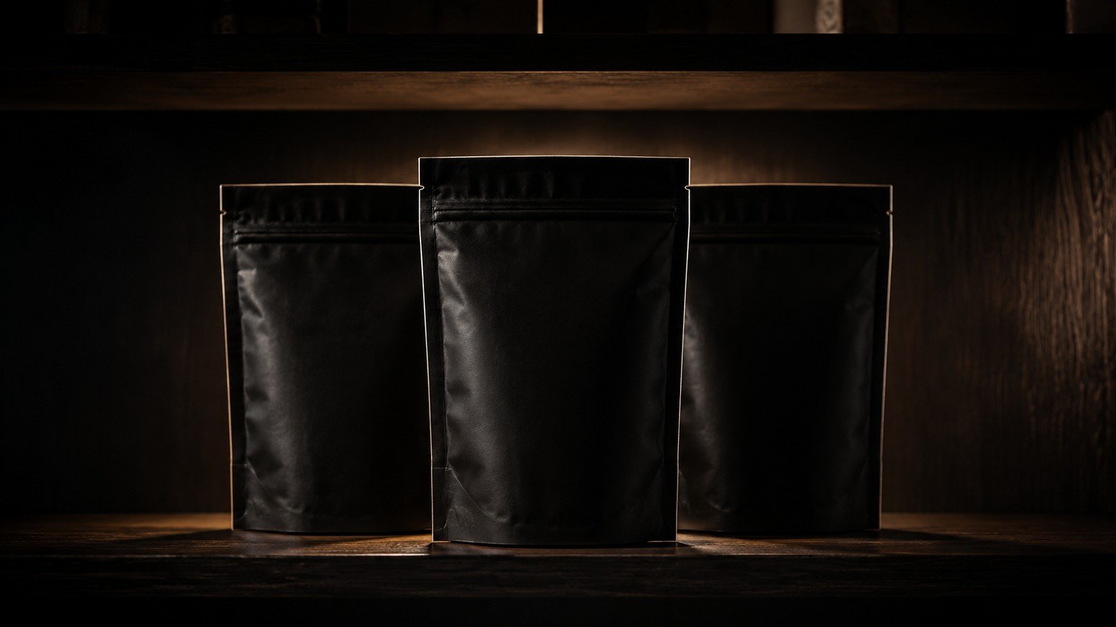 Three matte black treat pouches rim-lit on a dark wooden boutique shelf, labels in shadow.